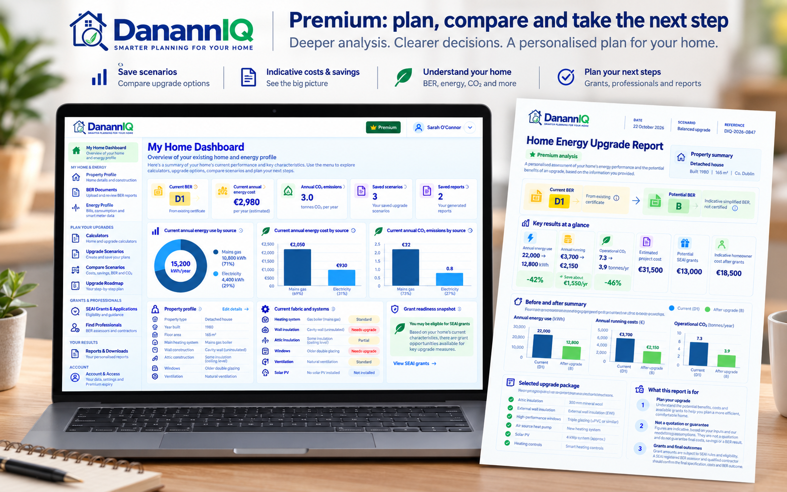 Illustrative DanannIQ Premium dashboard on a laptop beside a sample home energy upgrade report.